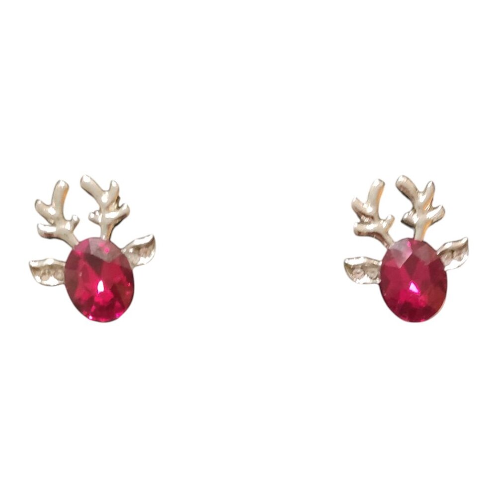 Large Minimalist Christmas Reindeer Head Stud Earrings Silver Toned with Red Gem